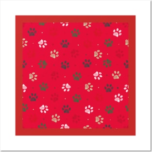 Red background colored paw print Posters and Art